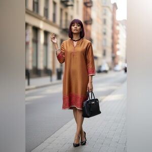 Chic Long Sleeve Orange and Red Silk Dress.